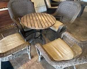  5-Pc Wicker Patio Furniture Set – Round Table & 4 Cushioned Armchairs