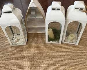 Decorative White Lanterns with Nautical Boat Shelf – 5-Piece Décor Group
