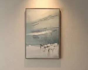 Framed Contemporary Abstract Coastal Harbor Painting with Sailboats