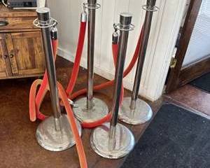  Lot of 4 Chrome Stanchions w/ Red Velvet Ropes – Crowd Control Queue Barrier Set