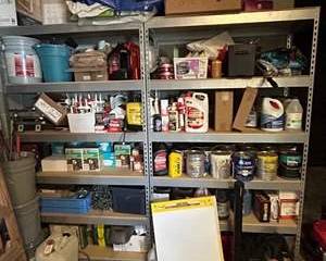 Industrial Open Steel Shelving Unit w/ Hardware, Paint, Lighting & Assorted Workshop Supplies