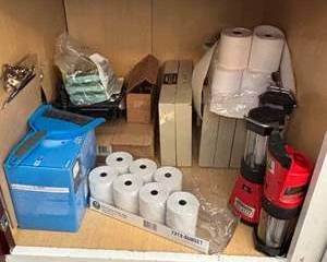 Lot of Restaurant & Office Supplies LED Bulbs, Thermal Paper Rolls, Cleaning & Misc Items
