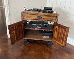 JBL Commercial Audio Equipment Lot with Wooden Rolling Cabinet, Amplifiers, Mixer & Wireless Microphone System