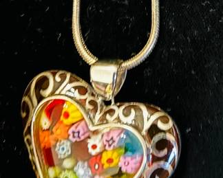 Close-up of sterling necklace with Murano Glass Heart