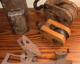 Primitive Hand-Forged & Riveted Metal Cow Bells,
Vtg Block & Tackle Barn Pulleys, Vtg Clamp-On Metal Skates!
