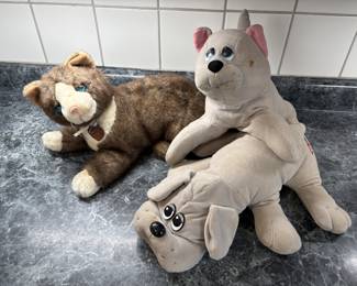 Vtg. 1986 Dakin Life Size Brown Plush Cat Blue Eyes w/Tag, Vtg. Tonka Pound Puppies 1985 Plush Grey Dog with Floppy Ears 18” & Pound Pur-r-ries