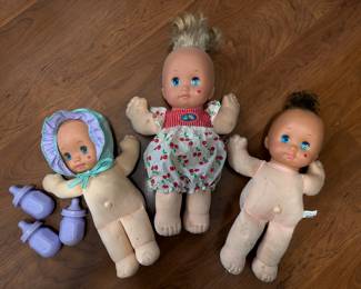 Vtg. 1989 Mattel Magic Nursery Baby Doll Blue Eyes Blonde Hair 13” w/Outfit, 1989 Doll w/Brown Hair, & 1991 Mattel Magic Nursery Baby Doll Blue Eyes 11” w/Bonnet & 3 Bottles