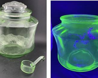 Green depression cookie jar or storage cannister jar with scoop, lid is clear glass not original but fits.  Jar is uranium / vaseline glass and glows under black light. 