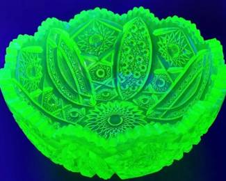 Duncan and Miller vaseline glass bowl sunburst has some minor damage. 