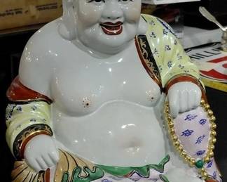 11 inches tall, Heavy ceramic pottery,  well made Hotei laughing Buddha, chinoaserie china asian interest, circa 1950s or 1960s mid century era. 