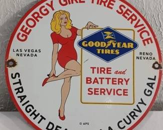 Porcelain sign advertising Goodyear Tires and dealership in Las Vegas Nevada "Georgy Girl"