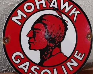 Mohawk Gasoline native american motif porcelain gas pump filling station sign.  One of over 40 advertising signs in this auction. 