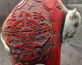 Beautifully carved american bison buffalo figure with native american kachina symbols / motif,  Possibly made by Gene and Rebecca Tobey as it closely resembles other work by them. 