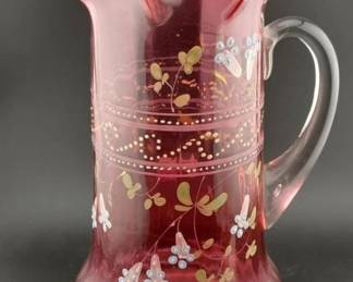 Early 19th century Fenton / victorian cranberry glass large pitcher with ruffled rim, hand decorated. about 10 inches tall. 