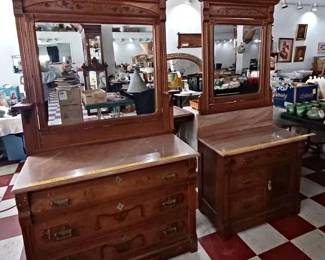 1870-1890s Eastlake matching dresser and washstand with good mirrors, hard to find Tennessee brown marble, these have the old brass Eastlake pulls, original to both pieces.  You will look long and hard before you find another matching set like this. 