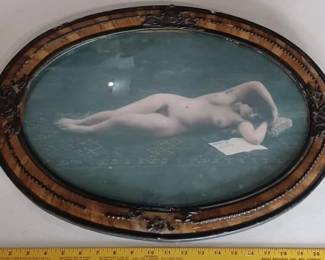 Antique bubble glass frame is probably circa 1880-1910, has a nude / risque saloon girl print.  Mancave / bar / speakeasy / saloon interest