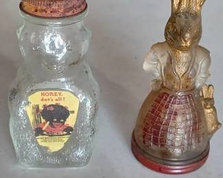 figural bear honey jar is probably made by Hazel Atlas.  Mrs Rabbit candy jar, lid screws onto the bottom.  unusual. 