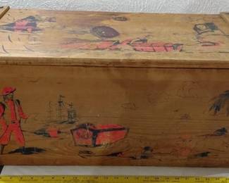 Antique child's wooden toy box chest with pirate motif, made in USA circa 1950s by Hazel Novelty Company. 