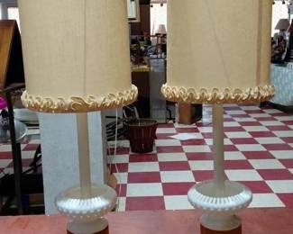 Mid century oak matching pair of lamps with ruffled milk glass, maybe Fenton.  Original shades. both work.  Lots of great lamps in this auction. 