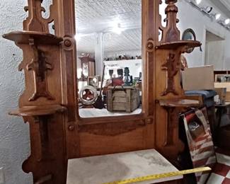 Gorgeous antique 1870-1900 carved walnut hall tree / etagere furniture with mirror,  marble top and storage drawer, fantastic piece.  You can't buy this at I - Key _ ya.  