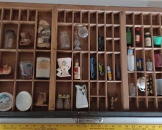 Antique printer's tray with contents of 40+ items shadowbox miniatures interest