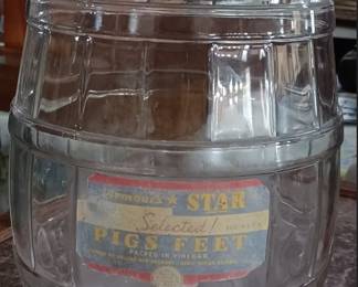 Large antique Armour barrel jar, pickled pig's feet, original lid, 