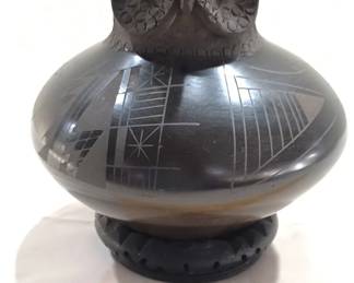 black on black pottery owl bowl or vase signed Ma Luisa Talavera