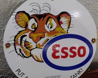 Esso gas pump porcelain sign with tiger. 