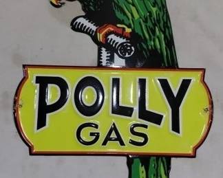 Large Polly Gas advertising sign, made of embossed tin. 