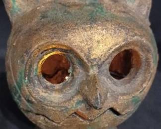Creepy old cast iron owl fairy lamp / candle votive.  Halloween interest