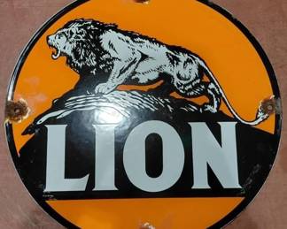 Lion petroleum / gas oil pump sign, porcelain over steel. 
