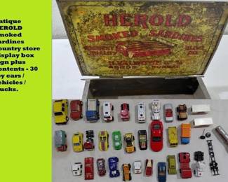 antique tin litho Herold Smoked Sardines tin box, full of vintage toy cars, Matchbocx, Hot Wheels and more. 
