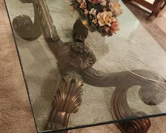 Large Glass-topped Coffee table with scroll feet