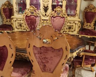 French Provencial / Hollywood Glam Hand-carved Dining Room Set -- Inlaid design table & 8 chairs