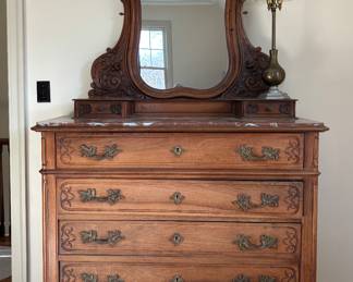Antique French Louis XV Style, Marble Top Dresser & Mirror