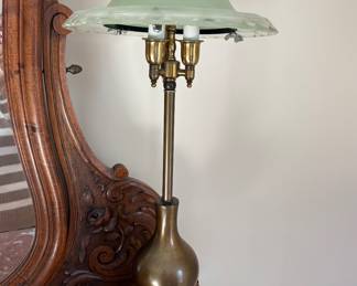 Antique Art Deco Table Lamp w/ Frosted Green Glass and Brass Base