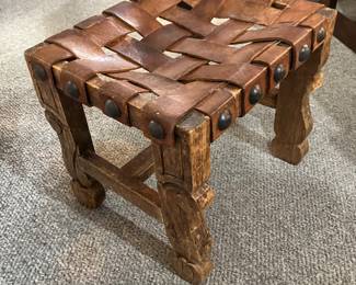Leather Wood Studded Stool / Ottoman 