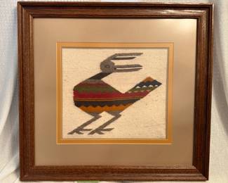 Matted and Framed Textile of Stylized Bird