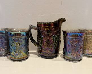 Iridescent Pitcher and Tumblers, Grape Design