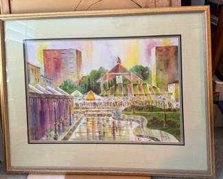 Matted and Framed Art - Colorful Market/Park Scene - John Payne