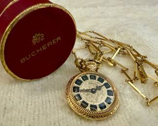 Gold-Plated Pendant Pocket Watch and Chain, Bucherer