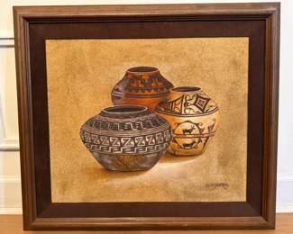 Matted and Framed Art - Three Pieces of Pottery