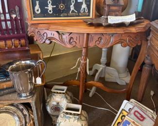 beautiful solid wood carved end table, vases, framed art