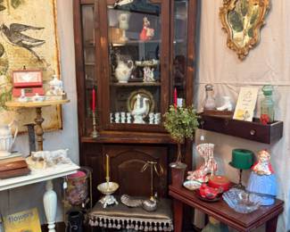 Antique corner shelf, stool, beautiful wall mirror, vintage frames, plant stand