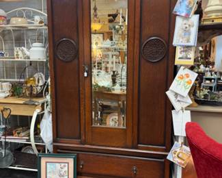 Antique walnut mirrored door armoire or wardrobe, framed art