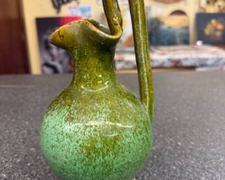 MCM stoneware vase with splash glaze pattern with color gradiations from green to deep brown 