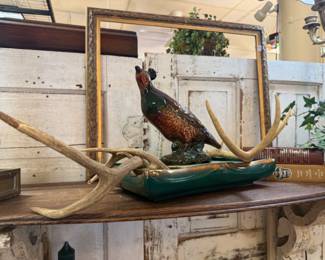 ceramic pheasant figurine, deer antlers, beautiful bowl