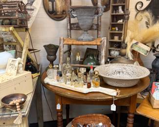 antique table, art, old chair, bowl, vintage perfume bottles, stool, cat figurine