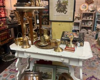 framed art prints, vintage brass and copper, large brass bell