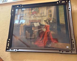 Vintage framed color lithograph print reproduction of a painting by M. Ditlef, known as “Sonata” 
